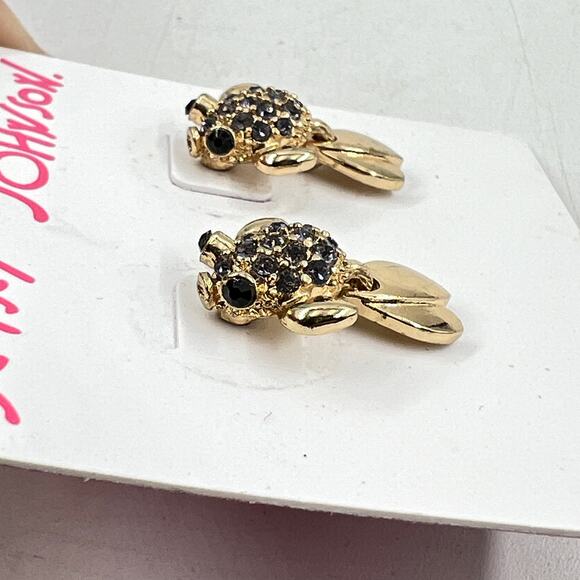 Betsey Johnson Sea Turtle Earrings Gold Tone Gray and Black Rhinestones - Picture 3 of 6